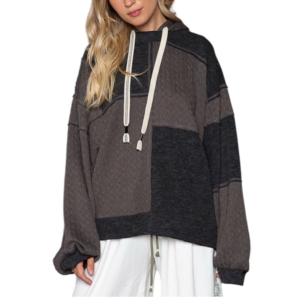 180. Black / Graphite Patchwork Oversized Hoodie NEW - Picture 2 of 4
